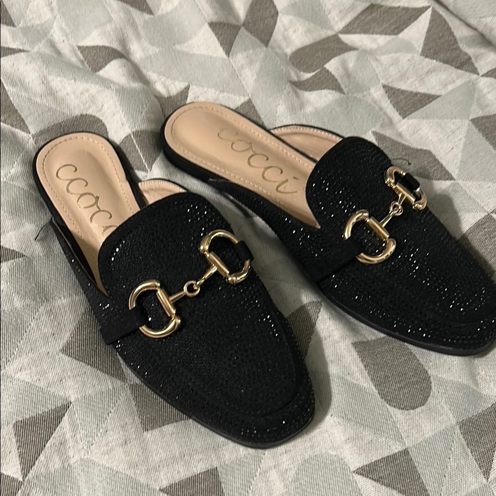 CCOCCI Sparkling Black Mules with Gold Accents